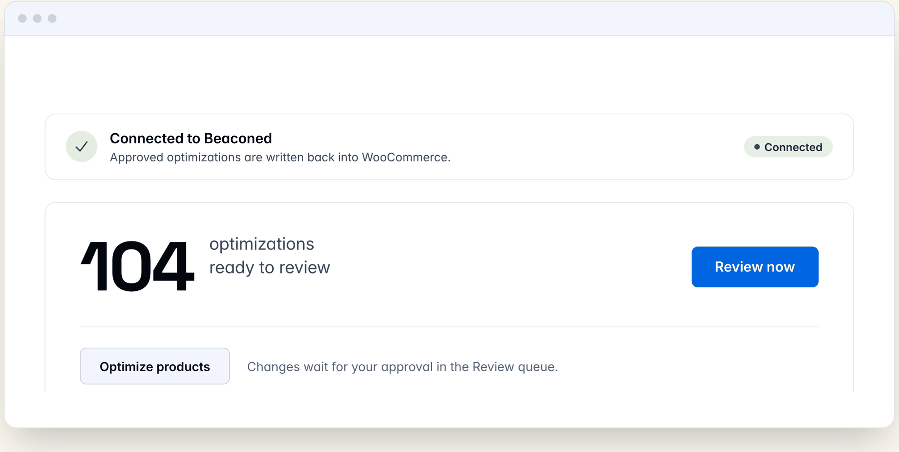 The plugin dashboard inside WordPress, showing the store connected and a count of optimizations waiting for review